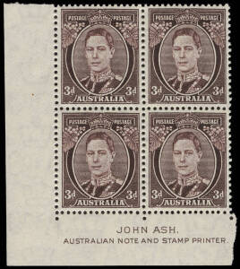 1941 (SG.187) 3d Brown KGVI, Ash Imprint block on THIN PAPER (0.078mm); lower units **, upper units MVLH. BW:196a.