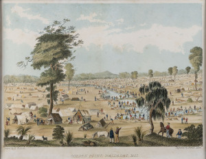 DAVID TULLOCH [1829 - 1869], Golden Point, Mt. Alexander, Forest Creek, Mt. Alexander, Great Meeting of Gold Diggers Decr. 15th 1851, Commissioners Tent & Officers Quarters Forest Creek Decr. 1851, Golden Point, Ballarat 1851, five hand coloured engraving