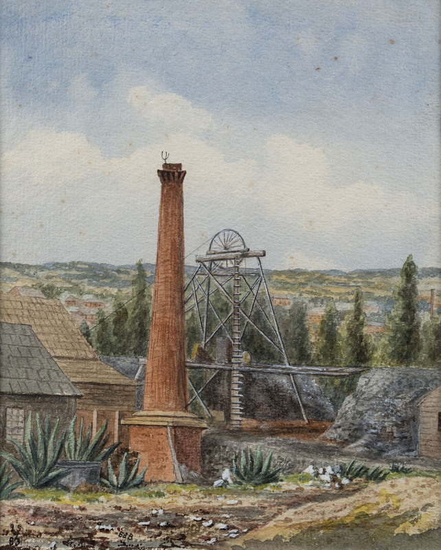 EMMA MINNIE BOYD [1858 - 1936], The Mine Shaft Central Victoria, 1883, watercolour, initialled "EB" and dated "25.7.83" lower left, 22 x 18cm.