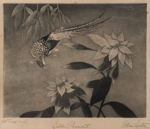 WILLIAM HUNTER, Senior [1896 - 1963], Golden Pheasant, aquatint, signed in pencil and titled in the margin; endorsed "1st Trial proof" at left. 17 x 20.5cm.