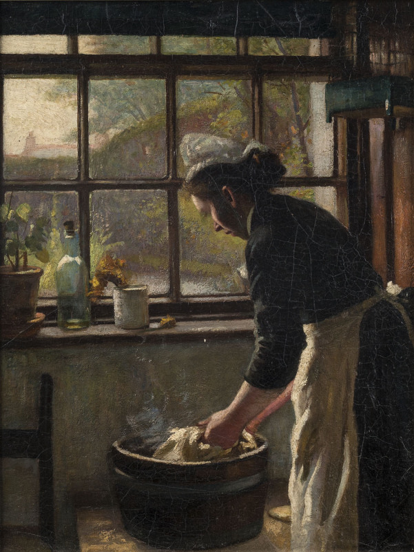 MATTHIJS MARIS [Dutch, 1839 - 1917] attributed, Untitled (A woman washing clothes by a window), oil on board, circa 1880, 35 x 26cm.