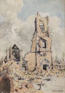 DARYL ERNEST LINDSAY [1890 - 1976], [Ruined church, France, 1917], watercolour, signed lower right, 32.5 x 23cm.