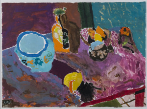 STEVEN AJZENBERG, Dishes and Fruit, 2011, ink on paper, initialled and dated at lower left, 28 x 38.5cm. Arts Project Australia label verso.