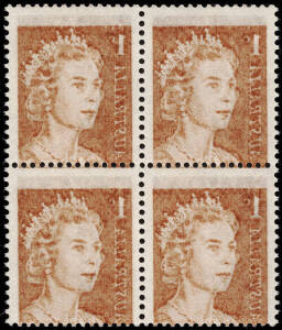 1966 1c Brown QE2, marginal block of 4; all units showing STRONG OFFSET on reverse. A striking variety. MUH. BW:436c.