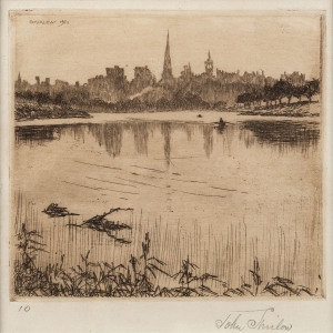 JOHN SHIRLOW [1869 - 1936], Yarra River with city skyline, etching, signed and dated "1921" in the plate, signed in pencil in lower margin and editioned "10", 12 x 12cm.