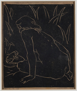 GEORGE BELL [1878 - 1966], The Frog and the Nude, circa 1954, linocut , endorsed "For Mrs Fenner" and initialled "GB" in lower margin, 20.5 x 17cm.