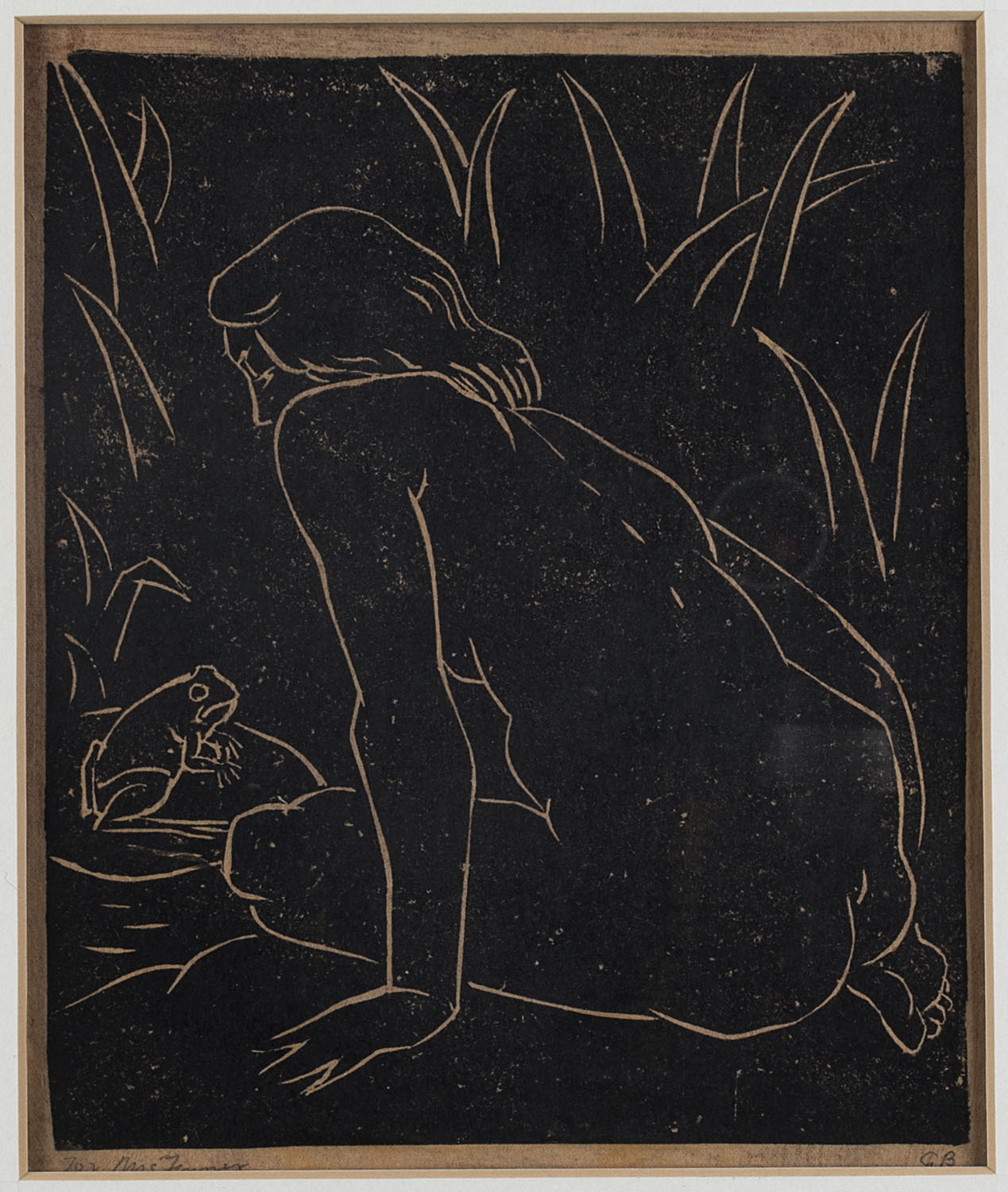 GEORGE BELL [1878 - 1966], The Frog and the Nude, circa 1954, linocut ,  endorsed For Mrs Fenner and initialled GB in lower margin, 20.5 x 17cm.