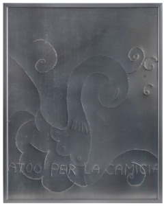 ROX DELUCA [1963 - ], Non uscire mai, Tatoo per la canicia, Ripiegare, A set of three embossed aluminium panels, each signed and titled verso; dated 2000, and each 39 x 29cm. (3)