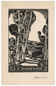 ADRIAN FEINT [1894 - 1971], A collection of three bookplates for E.G. Boreham (wood engraving; signed in margin), H.B. Muir (wood engraving); and T.P. (Thea Proctor) (wood engraving; signed in margin, hand coloured). Various sizes (3).