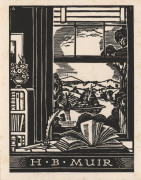 ADRIAN FEINT [1894 - 1971], A collection of three bookplates for E.G. Boreham (wood engraving; signed in margin), H.B. Muir (wood engraving); and T.P. (Thea Proctor) (wood engraving; signed in margin, hand coloured). Various sizes (3). - 2