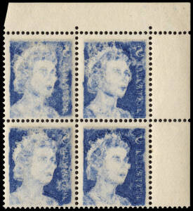 1967 5c Blue QE2, upper left corner block (4) with EXCEPTIONALLY STRONG OFFSET to all units. MUH.