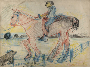 WILLIAM MERRIC BOYD [1888 - 1959], The Boundary Rider & Kelpie, coloured pencil on paper, signed "Merric Boyd" lower right, 27.5 x 37.5cm.