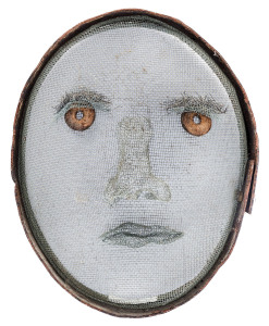 ANNA EGGERT [b. 1952], Mask, metal, mesh and found objects, circa 1989, 23 x 19 x 10cm deep.