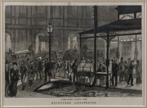 1850s-80s group of five engravings, attractively framed and glazed: "Bourke Street, Saturday Night", "Floods at Melbourne", "Prince's Bridge, Melbourne", "On the Yarra River" and "Market Square, Melbourne, from the vaules of the Yarra-Yarra". Various sizes; the last hand-coloured. (5).