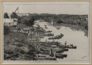 1850s-80s group of five engravings, attractively framed and glazed: "Bourke Street, Saturday Night", "Floods at Melbourne", "Prince's Bridge, Melbourne", "On the Yarra River" and "Market Square, Melbourne, from the vaules of the Yarra-Yarra". Various size - 3