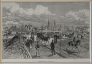 1850s-80s group of five engravings, attractively framed and glazed: "Bourke Street, Saturday Night", "Floods at Melbourne", "Prince's Bridge, Melbourne", "On the Yarra River" and "Market Square, Melbourne, from the vaules of the Yarra-Yarra". Various size - 4