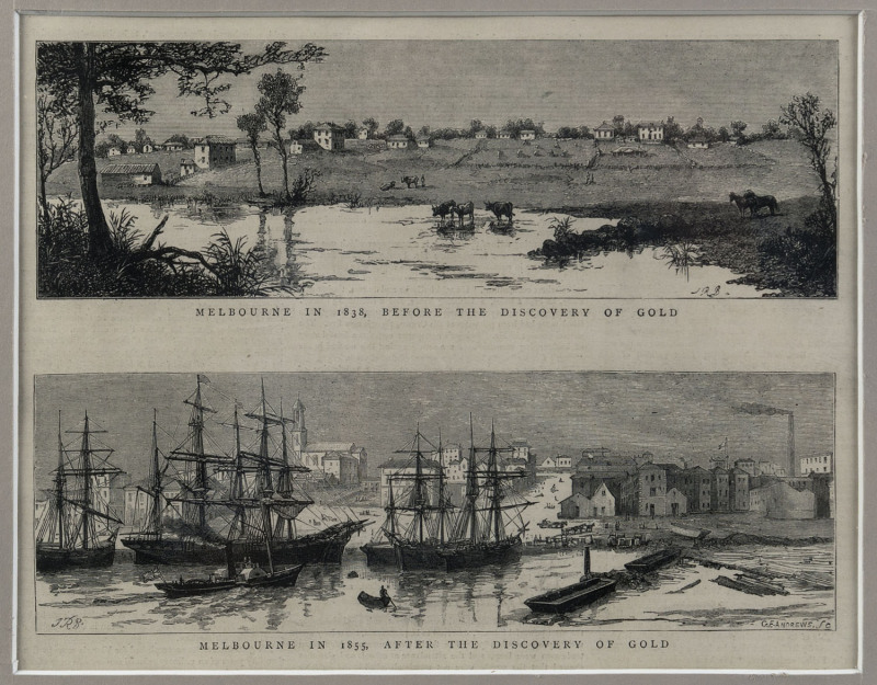 1860s-80s group of five engravings, "Melbourne in 1838....Melbourne in 1855....", "Bourke Street, Melbourne 1880...", "Government House, Melbourne" (hand coloured), "Melbourne from the Yarra" all framed & glazed; also, "View on the Yarra, Hodgson's Punt"