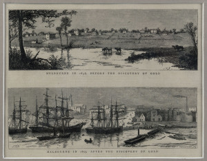 1860s-80s group of five engravings, "Melbourne in 1838....Melbourne in 1855....", "Bourke Street, Melbourne 1880...", "Government House, Melbourne" (hand coloured), "Melbourne from the Yarra" all framed & glazed; also, "View on the Yarra, Hodgson's Punt" (mounted). Various sizes.