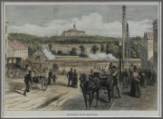 1860s-80s group of five engravings, "Melbourne in 1838....Melbourne in 1855....", "Bourke Street, Melbourne 1880...", "Government House, Melbourne" (hand coloured), "Melbourne from the Yarra" all framed & glazed; also, "View on the Yarra, Hodgson's Punt" - 4