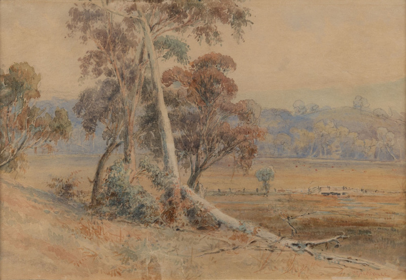 CHARLES BENNETT [1869 - 1930], Healesville, watercolour, circa 1920, titled at lower right and inscribed verso "Yarra Flatts near Healesville by Chas Bennett, Glen Point", 17 x 25cm. also, Tree Ferns, pencil sketch, signed lower right, 21 x 31cm.