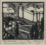 EVELINE W. SYME [1888 - 1961], The Fortress, Villeneuve-sur-Rhone, woodcut, titled, editioned 26/30, signed "E W Syme" and dated 1931 in lower margin, 8.5 x 8.5cm.