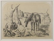 EDWARD CHARLES MAY [1867 - 1920], Five tinted lithographs by E.C. May of scenes of Australian country life, after original sketches by George Hamilton. Hamilton's titles are 'The Lost Bushman', 'The Found Bushman', 'Bushmen in Danger', 'Australian Bushmen - 3