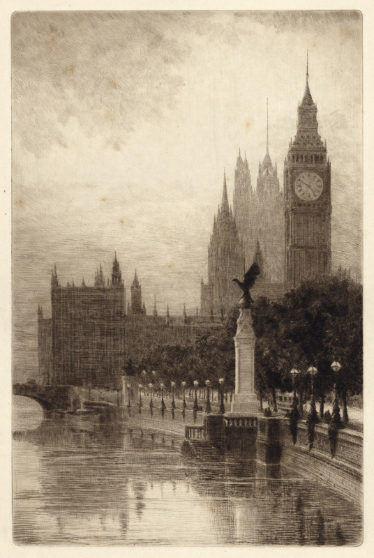 ERNEST EDWIN ABBOTT [1888 - 1973], A collection of English scenes: Air Force Memorial (with Big Ben), Laneway, Shrewsbury, Cathedral, Church Temple, Country Bridge, Temple Chapel of the Crusaders, English Castle, etchings, circa 1930s, some signed and tit
