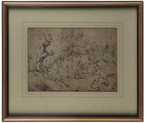 GEORGE MORELAND [English, 1763 - 1804], (Resting Horses) pen, pencil and wash, with a signature and date "G Morland, 1786" at lower right, 19 x 27cm, also, (Girl with water pitcher), soft ground etching, signed in pencil lower right, 26 x 21.5cm