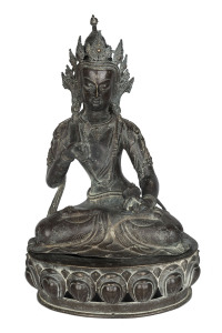 A Nepalese bronze Vajradhara Buddha statue in seated position on lotus base, 19th century, 44cm high