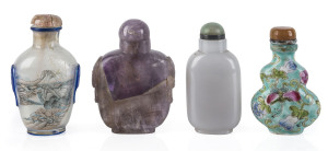 Four Chinese snuff bottles including a fine Peking cameo glass example with internal painted decoration (Ex Sir Keith Murdoch Collection), carved amethyst, white Peking glass, and porcelain, 19th century, the tallest 7cm high