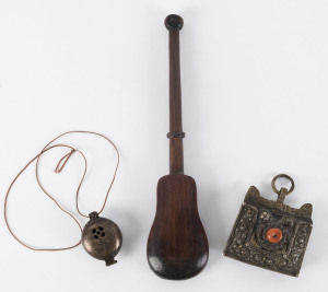 Tibetan flint purse, Chinese bronze perfume holder and Chinese pocket gold scales, 19th century, the scales 27cm long