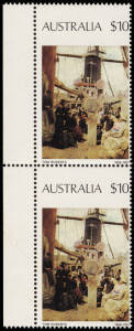 1977-89 (SG.567a) $10.00 "Coming South", vertical pair with left margin and misplaced perforations resulting in  "AUSTRALIA $10" being at the top of the stamps; BW.784ba. (2).