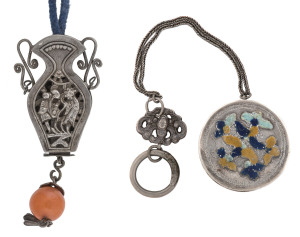 A Chinese silver and cornelian pendant; together with a Chinese silver and enamel box on belt ring, 19th century, pendant 10cm high