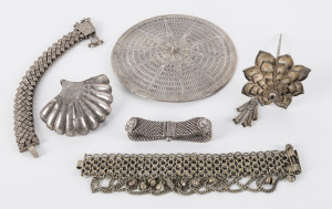 Three Eastern silver hairclips and pins together with three silver bracelets, 19th/20th century, ​390 grams total