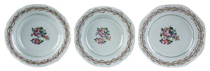 Three 18th century Chinese export ware dishes with famille rose decoration in the English style, Qinalong period, 22cm diameter