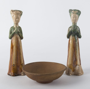 A pair of Tang Dynasty style pottery funerary figures and a Tang pottery bowl, figures 20cm high