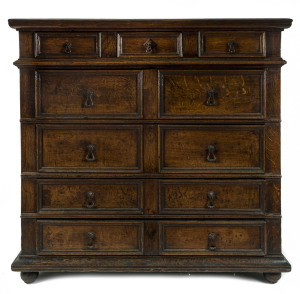 A 17th century English oak chest of drawers, circa 1680, 107cm high, 112cm wide, 59cm deep