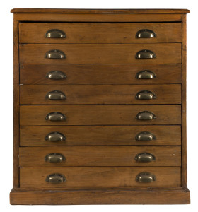 An Australian 8 drawer print cabinet, kauri, Baltic and red pine, circa 1900, 91cm high, 85cm wide, 63cm deep