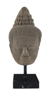 Khmer stone Buddha head, Bayon period, 13th century, on stand 31cm overall