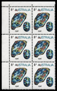 1973-74 9c on 8c Opal in upper left corner blocks (6), one block with variety 'Surcharge misplaced to right', accompanied by normal overprint block from the same position [BW.646c]. (12). MUH.