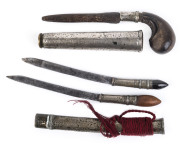 A flint with finely carved wooden handle in scabbard together with a pair of daggers in silver scabbard, 19th century, ​21cm and 22cm long - 2