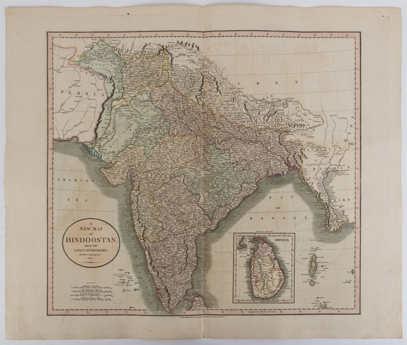 JOHN CARY [1755-1835], "A New Map of HINDOOSTAN, from the latest Authorities...1811"; [London, 1811]; contemporary hand colouring, approx. 54 x 63cm (sheet size).