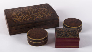 An English Tunbridge ware miniature box, pair of yew and bone circular snuff boxes and a yew and birch box, 19th century, the largest 16.5cm across