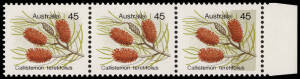 1975 (SG.609) 45c Wildflower (callistemon teretifolius), R marginal horizontal strip of 3 with "Green-grey partially omitted" on one unit and fully omitted on two. A dramatic example of this variety. 