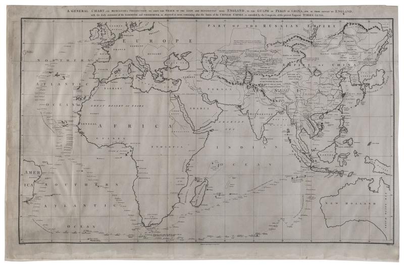 JOHN BARROW [1764 - 1848], "A General Chart on Mercator's Projection, To Shew The Track of the Lion and Hindostan from England to the Gulph of Pekin in China, and of their return to England, with the daily statement of the Barometer and Thermometer as obs