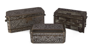 Three Betel nut and lime boxes, silver, copper, brass and wood inlay, Philippines, 19th century, the largest 18cm across