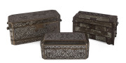 Three Betel nut and lime boxes, silver, copper, brass and wood inlay, Philippines, 19th century, ​the largest 18cm across