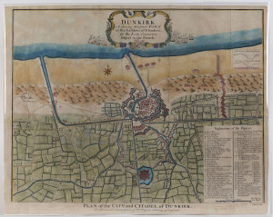 PAUL DE RAPIN DE THOYRAS, "DUNKIRK A strong Seaport Town in the Earldom of Flanders in the Low Countries subject to the French.", [London, 1746], hand-coloured, 40 x 50.5cm. A detailed plan of the city of Dunkerque, including fortifications, town plan, r