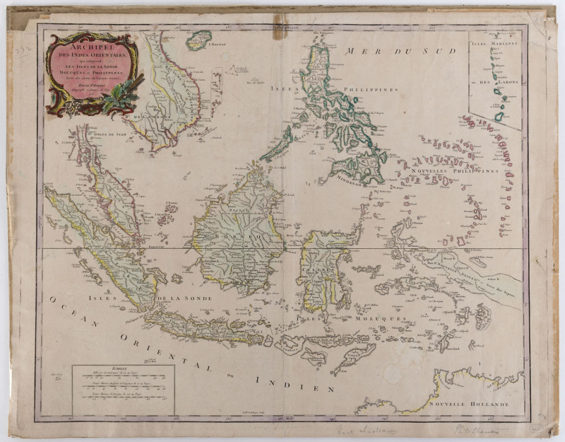 DIDIER ROBERT DE VAUGONDY [1723 - 1786], "Archipel Des Indes Orientales, qui comprend Les Isles De La Sonde, Moluques et Philippines, tirees des Cartes du Neptune Oriental . . .1750" [Paris, circa 1755] some hand-colouring, 51 x 66cm (peripheral faults).