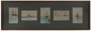 WILLIAM NICHOLLS ANDERSON [1872 - 1927], Five small watercolours titled "Williamstown", "Shipping on Yarra", "Melbourne", "Coal Boat, Port Melbourne" & "Barges, Williamstown", each approx 14 x 8.5cm, signed "W.N. Anderson" and framed together, overall 25 